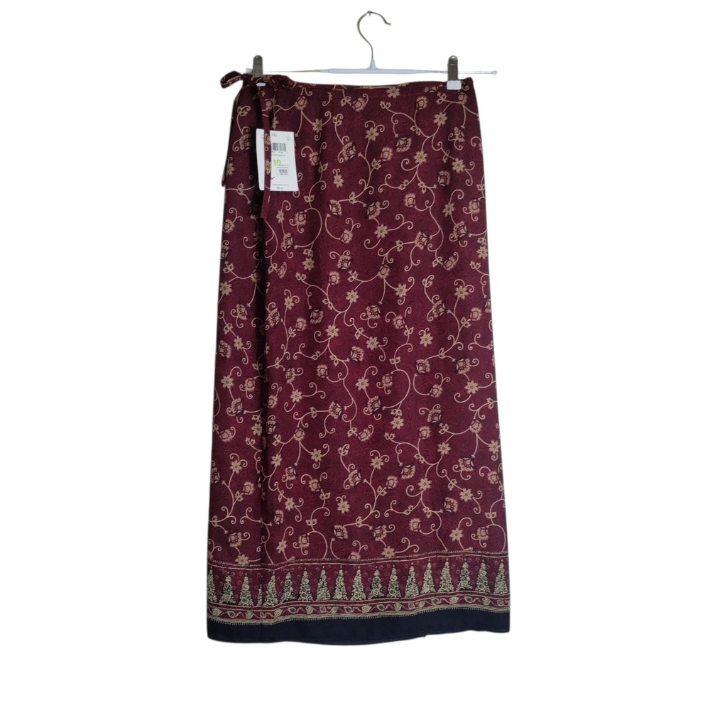 Emma James Liz Claiborne Burgundy Floral Scroll Maxi Wrap Skirt Size 10 EJMU1154
